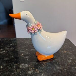 Easter Duck w Pink Flower Necklace Glossy Ceramic NEW 2026 Decor